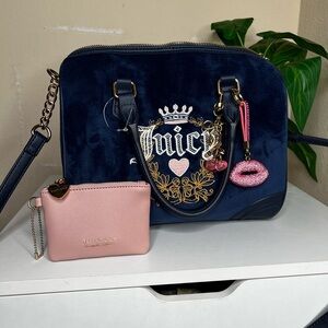 Juicy Couture Heritage Satchel in Regal Blue Velour w matching coin purse